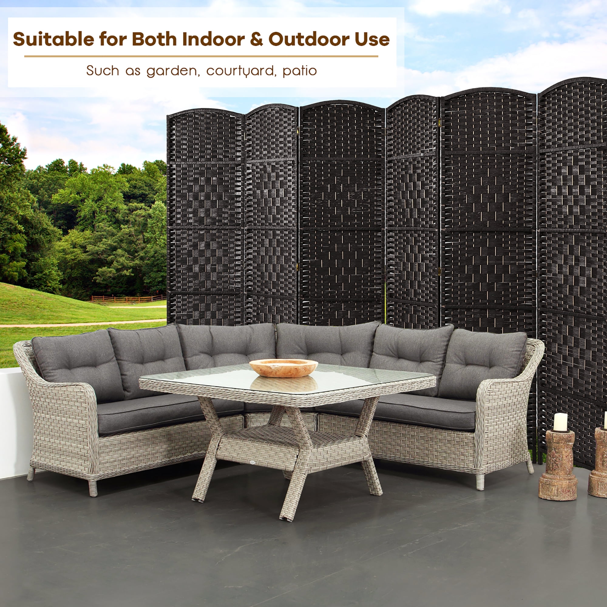 Costway 6-Panel Room Divider 6Ft Weave Fiber Folding Privacy Screen Black