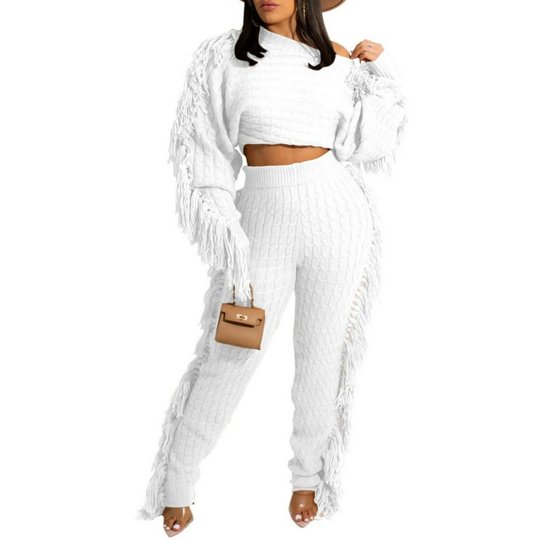 Women Sweater Sets Cable Knit 2 Piece Outfits Fringe Long Sleeve Off  Shoulder Crop Top and High Waist Tassel Pants Set