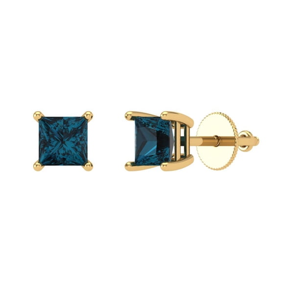 1.5 ct Screw-Back Stud Earrings for Women | 5.0mm Princess Cut Natural London Blue Topaz | 18K Yellow Gold