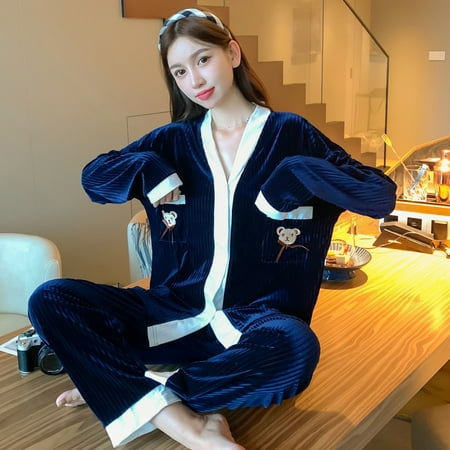 

Journey Casual Pajamas Set for Women Fashion Fleece Cardigan Long Sleeve Warming Sleepwear for Autumn Winter(Royal Blue XL)