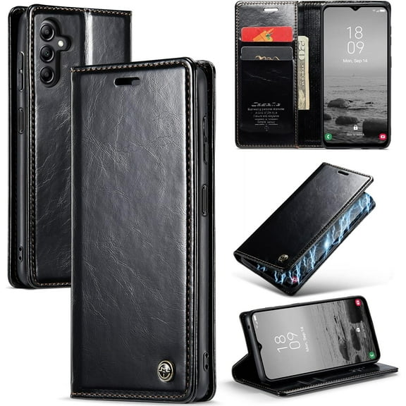 Leather Case for Samsung Galaxy A15 Card Slot Folio Flip Wallet Case for Samsung Galaxy A15 Premium PU Magnetic Kickstand Cover Soft TPU Inner Case Black