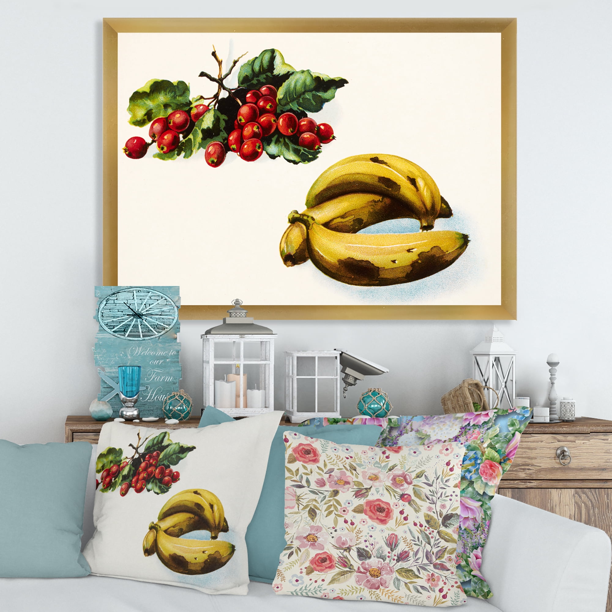 Designart 'Red Berries and Banana' Farmhouse Framed Art Print