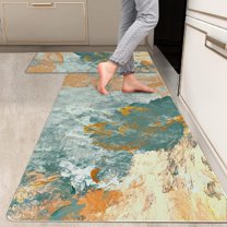 2 Pieces Kitchen Rugs, Abstract Anti Fatigue Non Slip Foam Cushioned Sage Green Orange Art Painting Comfort Indoor Floor Mat Runner Rug Set for Laundry Office Sink Bathroom (17"X48" 17"X24")
