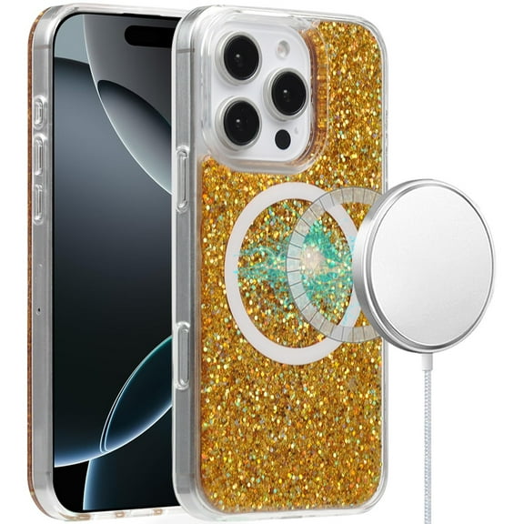 For Apple iPhone 16 Pro Max (6.9") Premium Transparent Epoxy Glitter Bling Magnetic Circle Compatible with MagSafe Hybrid Sparkle Cover ,Xpm Phone Case [ Gold Glitter ]