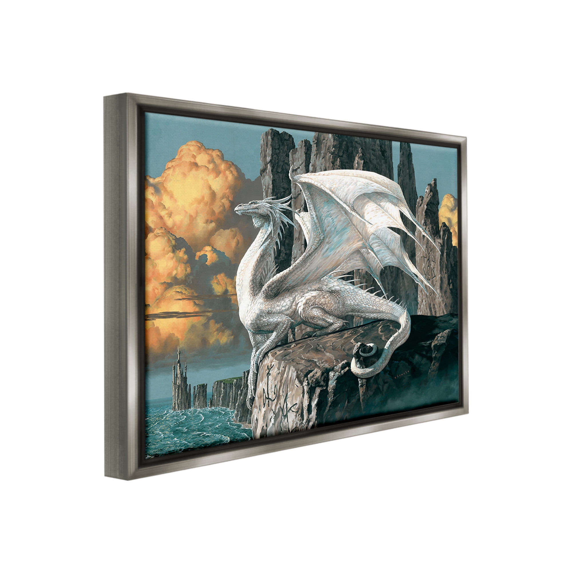 Stupell Industries Dragon Perched on Cliff Fairy Tales & Fantasy Painting Gray Floater Framed Canvas Art Print Wall Art, 21 x 17
