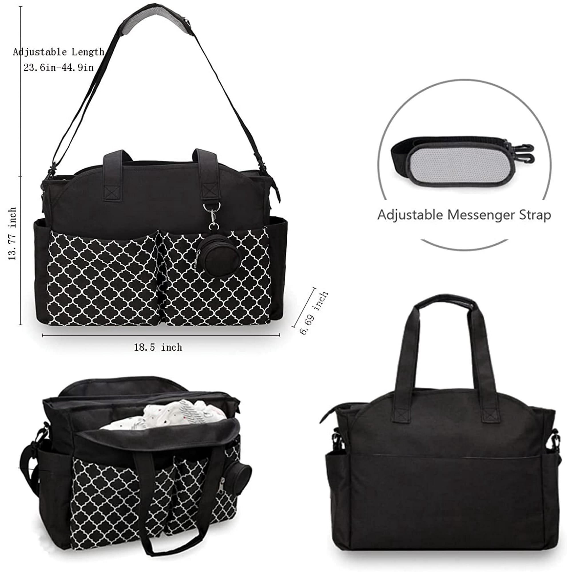 Multi-Function Travel Diaper Bag Tote Black for Parents with Pacifier Holder Adjustable Strap Insulated Pockets