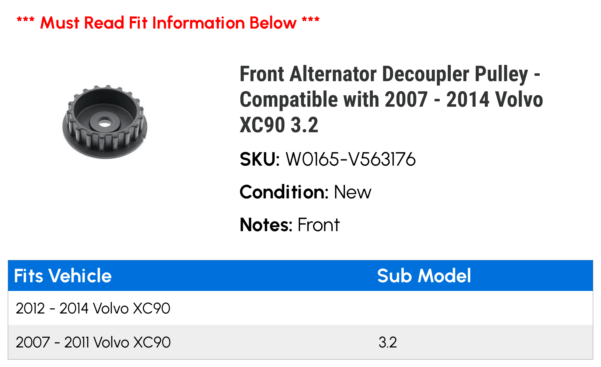 For 2007-2014 Volvo XC90 Alternator Decoupler Pulley 49113MH 2008 2009 2010 2011