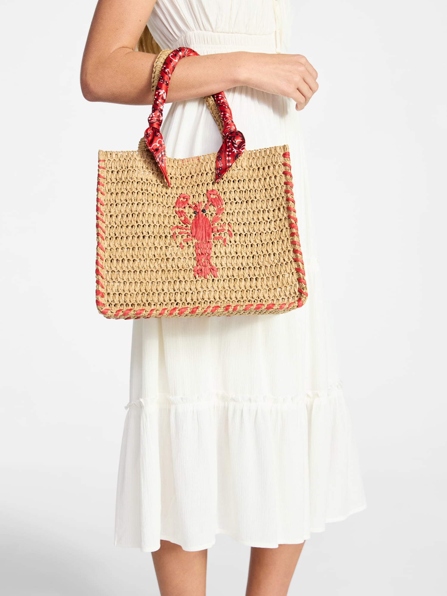No Boundaries Women's Beach Icons Mini Straw Tote Bag, Natural with Lobster Embroidery