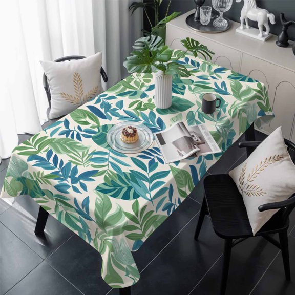 Palm Leaves Table Cloth Waterproof Tablecloths, Green Blue Tropical Plants Summer Country Tablecloth Dining Table Cover for Kitchen Party Tabletop Outdoor, Rectangle Tablecloth 54x108 Inch