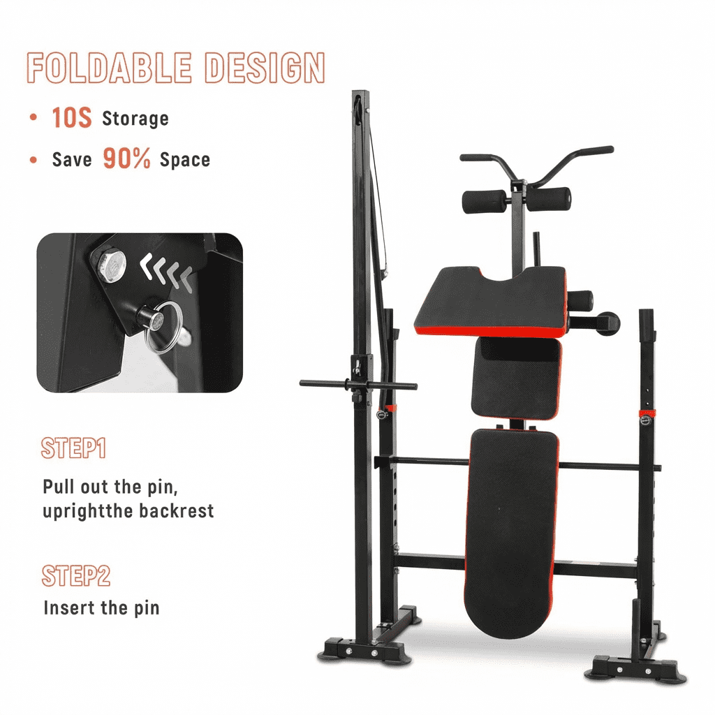PUATUL 1500LB 8 IN 1 Weight Bench with Lat Pulldown and Leg Extension/Curl, Foldable Bench Press with Preacher Curl & Squat Rack, Workout Benches with Safety Bar Catches for Home Gym