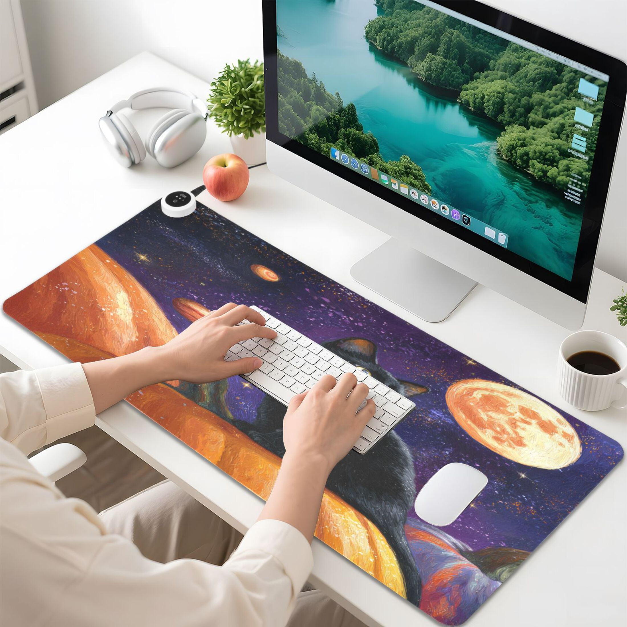 Large Heated Desk Mat Mouse Pad 31.5"x13"PU Leather Graphene Heating Desk Warmer with 3 Temperature Settings 110V US Plug Non-Slip Warm Pad for Home, Office, and Gaming Black Cat Pumpkin and Planet