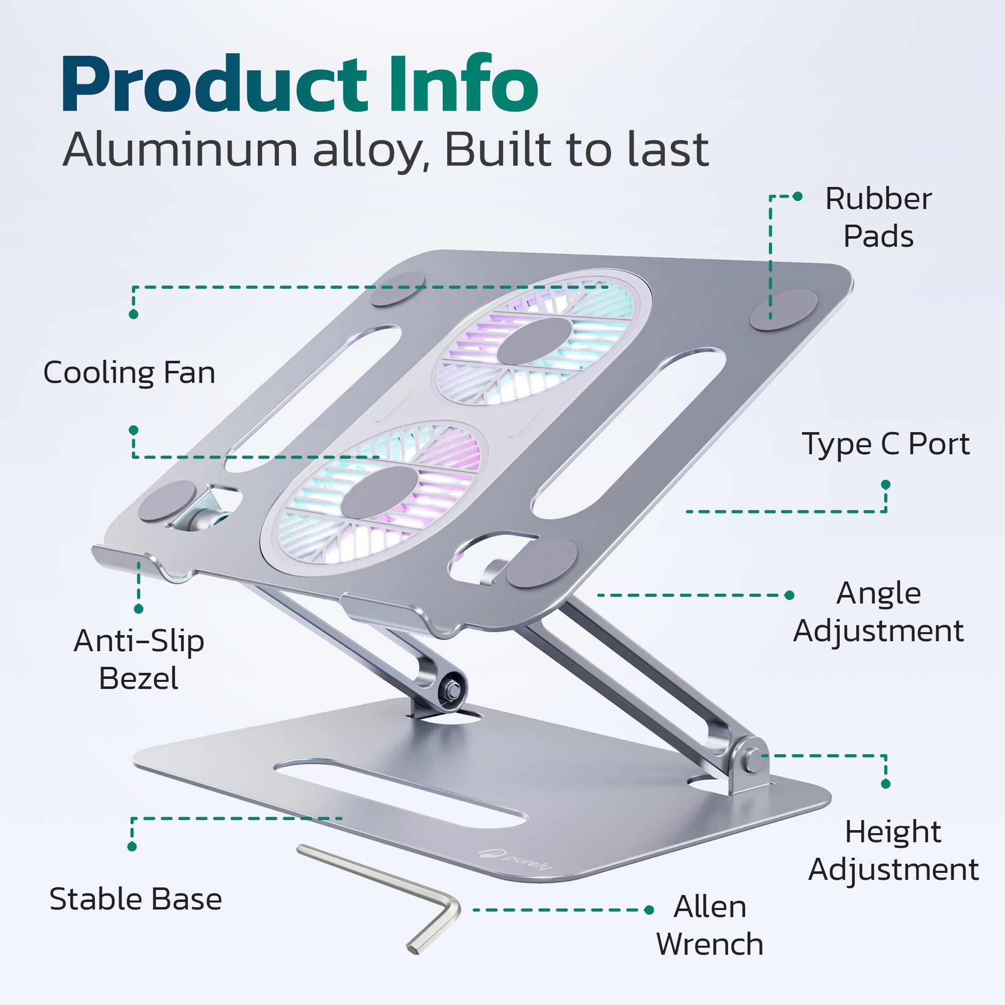 Purely C50 Laptop Stand, Laptop Cooling Pad with Fans, Angle & Height Adjustable Stand, Aluminum Alloy Laptop Holder for Desk, Compatible with MacBook Pro, Dell XPS and 17" Laptops - Silver