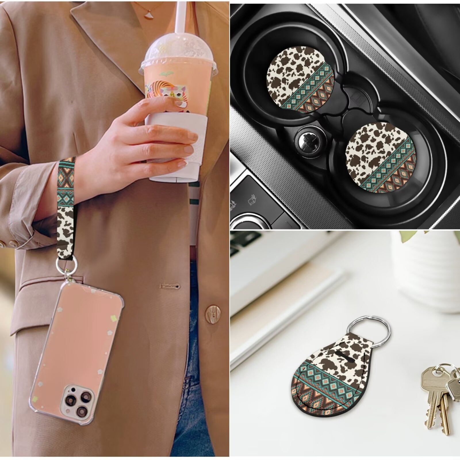 Yuyamidu Cow Print Car Seat Cover Full Set of 14 Southwest Aztec Steering Wheel Cover Seat Belt Covers Center Console Pad Cup Holder Headrest Covers Key Chain