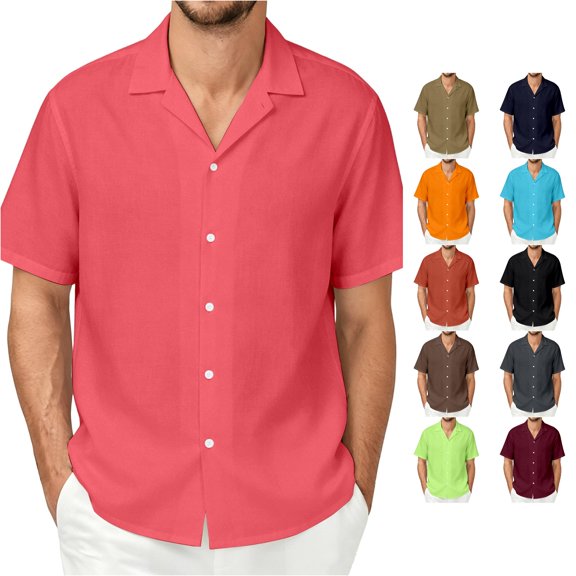 Gunia Mens Linen Shirts Short Sleeve Casual Lightweight Breathable Comfort Tops Mens T Shirt Pink 4Xl