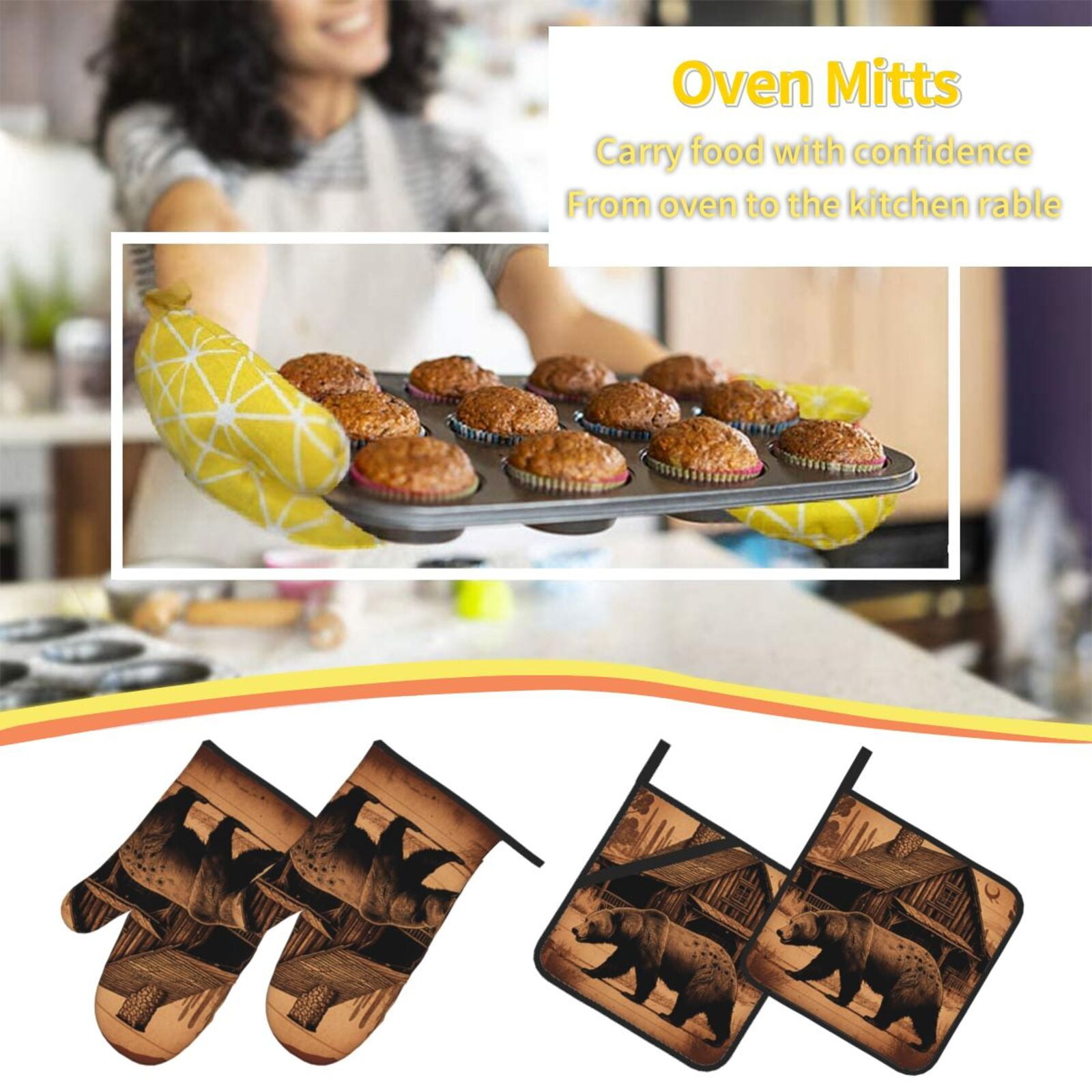 Rustic Lodge Cabin Bear Southwestern Vintage 4Pcs Oven Mitts and Pot Holders Sets Oven Kitchen Gloves Hot Pads for Cooking BBQ Baking Grilling