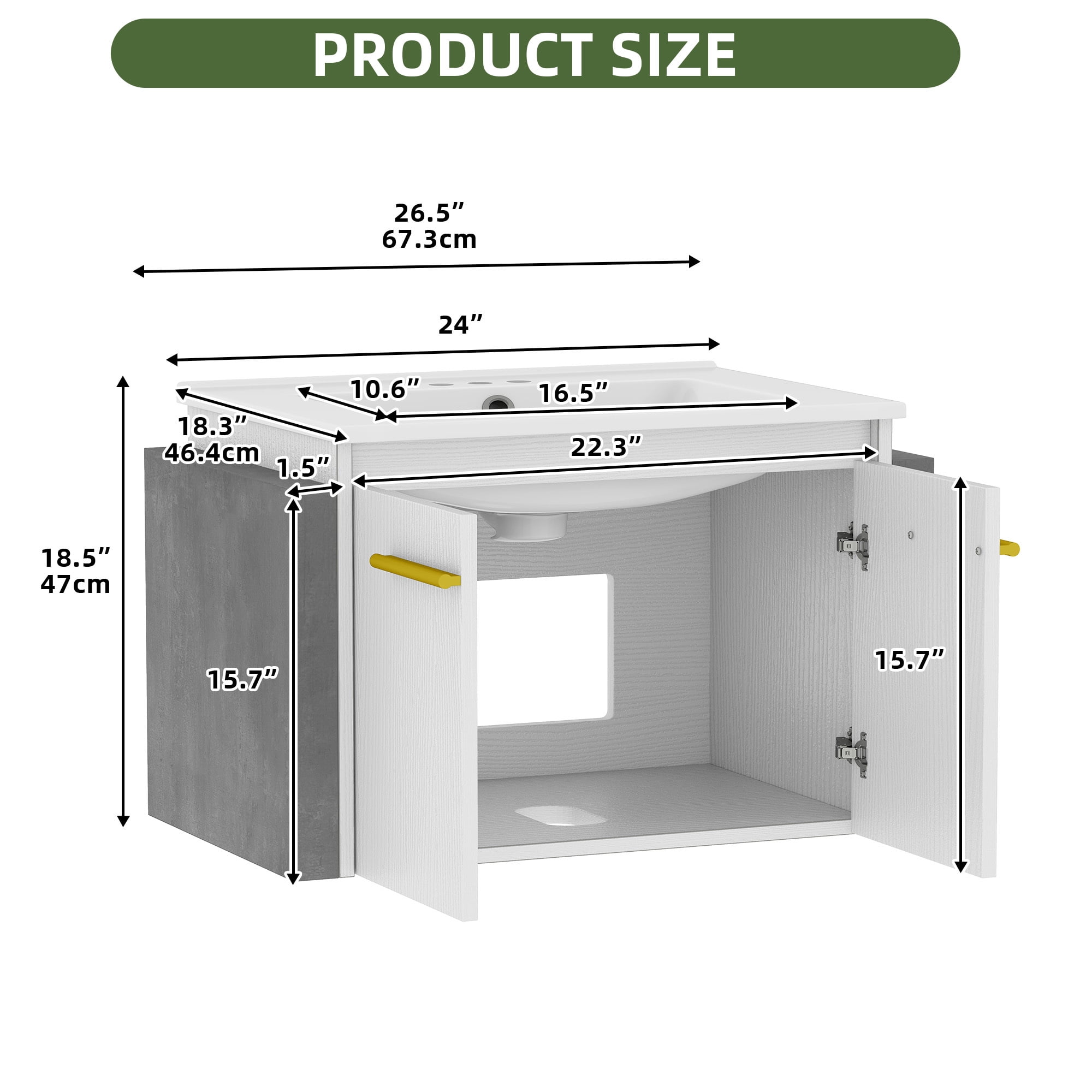 Uforic 24 Inch Floating Bathroom Vanity with Sink, Wall Mounted Modern Bathroom Vanity Cabinet with Double Extra Large Doors, White
