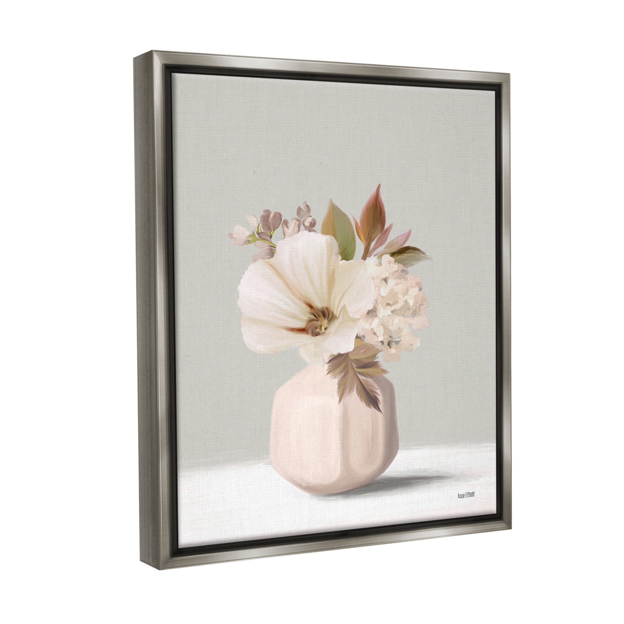 Stupell Industries Delicate Blooms in Vase Botanical & Floral Painting Gray Floater Framed Canvas Art Print Wall Art, 17 x 21