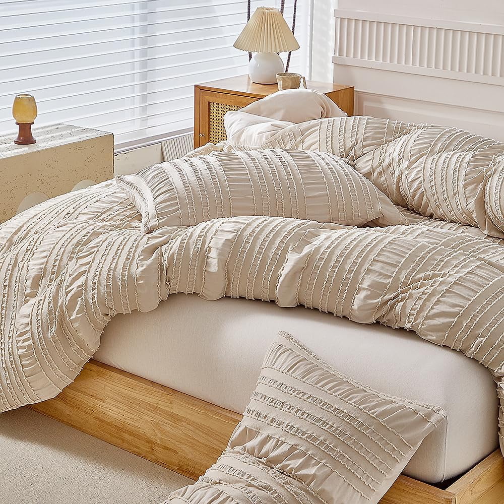 JOLUSERE Khaki Duvet Cover King Sets, 3 Pieces Soft Breathable Striped Textured Comforter Cover Set