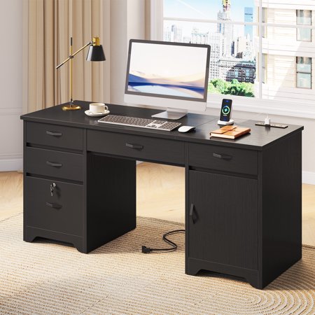 Bestier Computer Desk with 5 Drawers 59 Office Desk with Storage Modern Executive Desk with File Drawers and Storage Cabinets Charging station Keyboard Tray Suitable for Study& Bedrooms Black