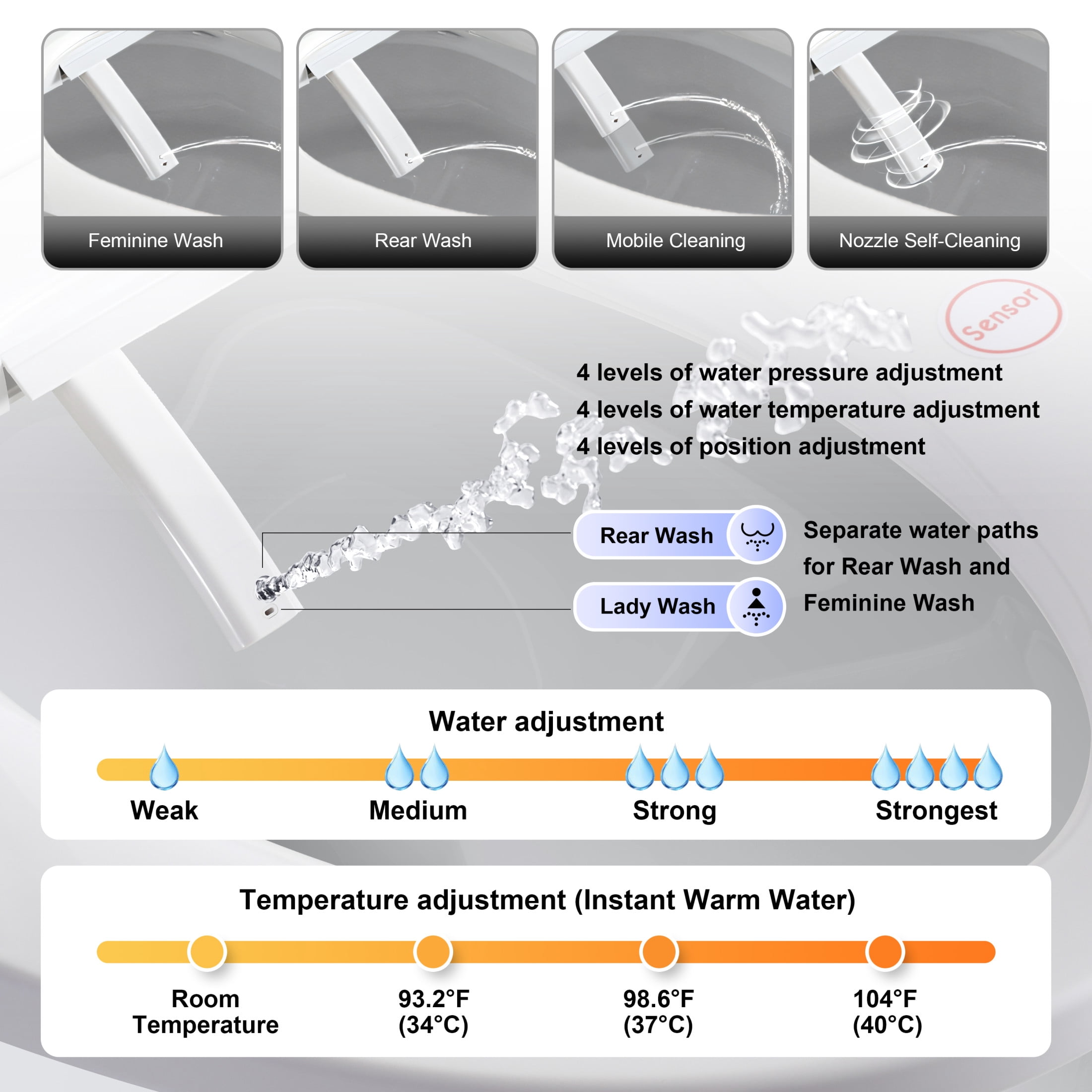 Noble House Electronic Smart Bidet Toilet Seat for Elongated Toilets, Automatic Open Sensor & Heated Seat, White