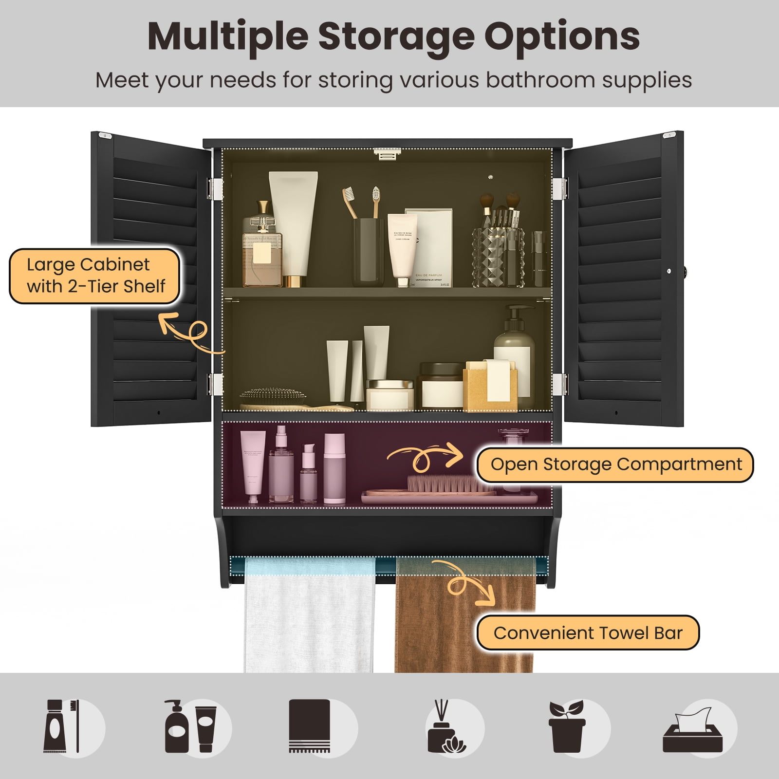 Giantex Wall Mounted Bathroom Cabinet w/Bar, Medicine Cabinet w/Double Louvered Doors, Storage Cabinet, Black