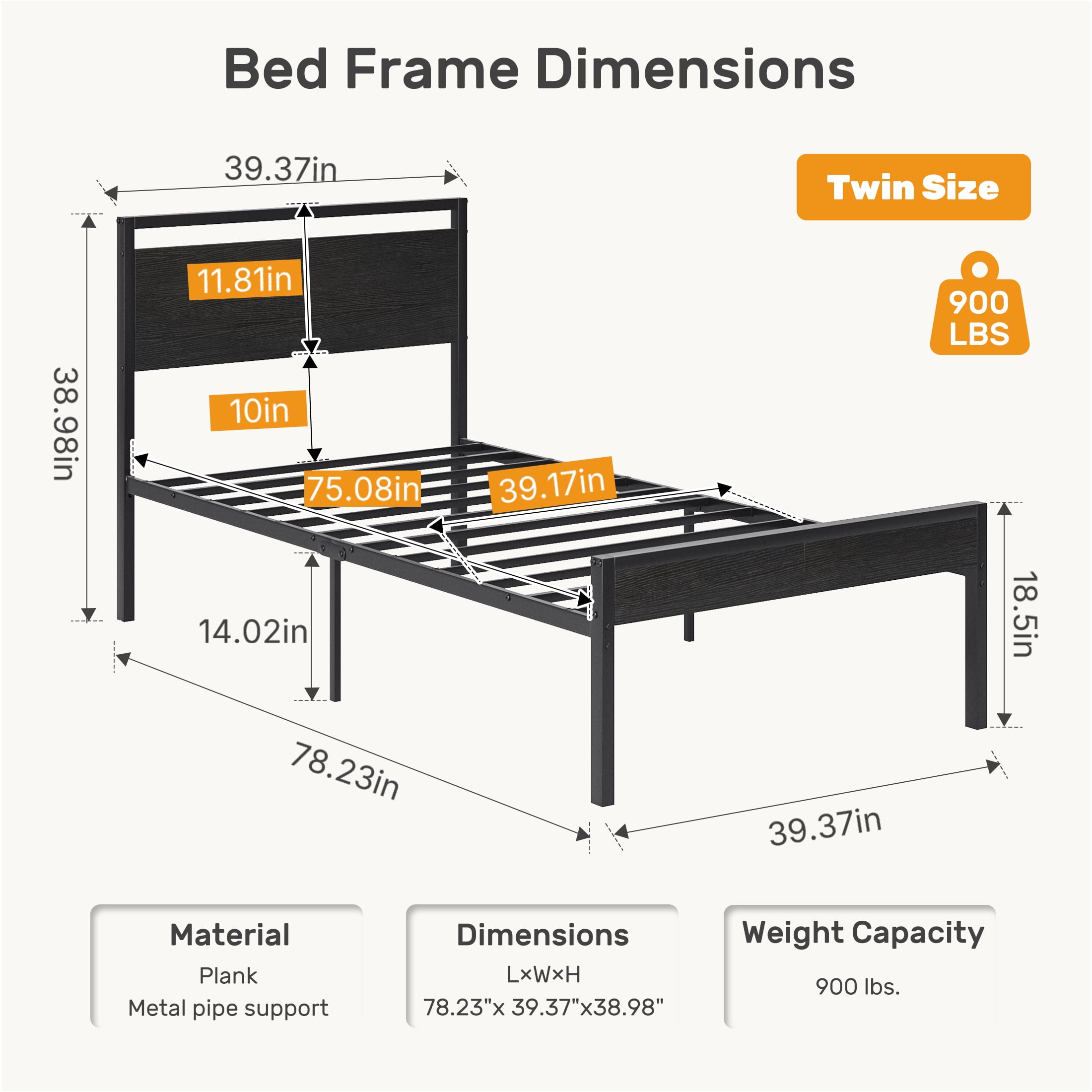 Gianna Heavy Duty Twin Size Metal Platform Bed, No Box Spring Required with Headboard and Footboard, Mattress Foundation, Black