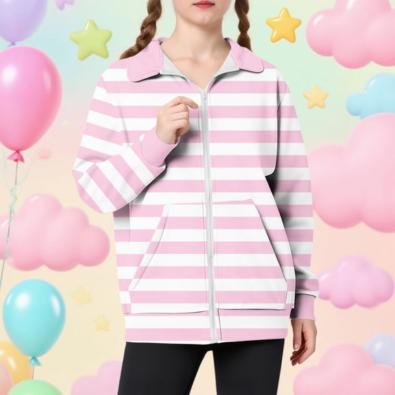 Fall Striped Sweatshirt for Girls Casual Full Zip Jacket Kids Long Sleeve Lightweight Outerwear with Pockets New Lightweight Jacket Girl Fall Pinky 130