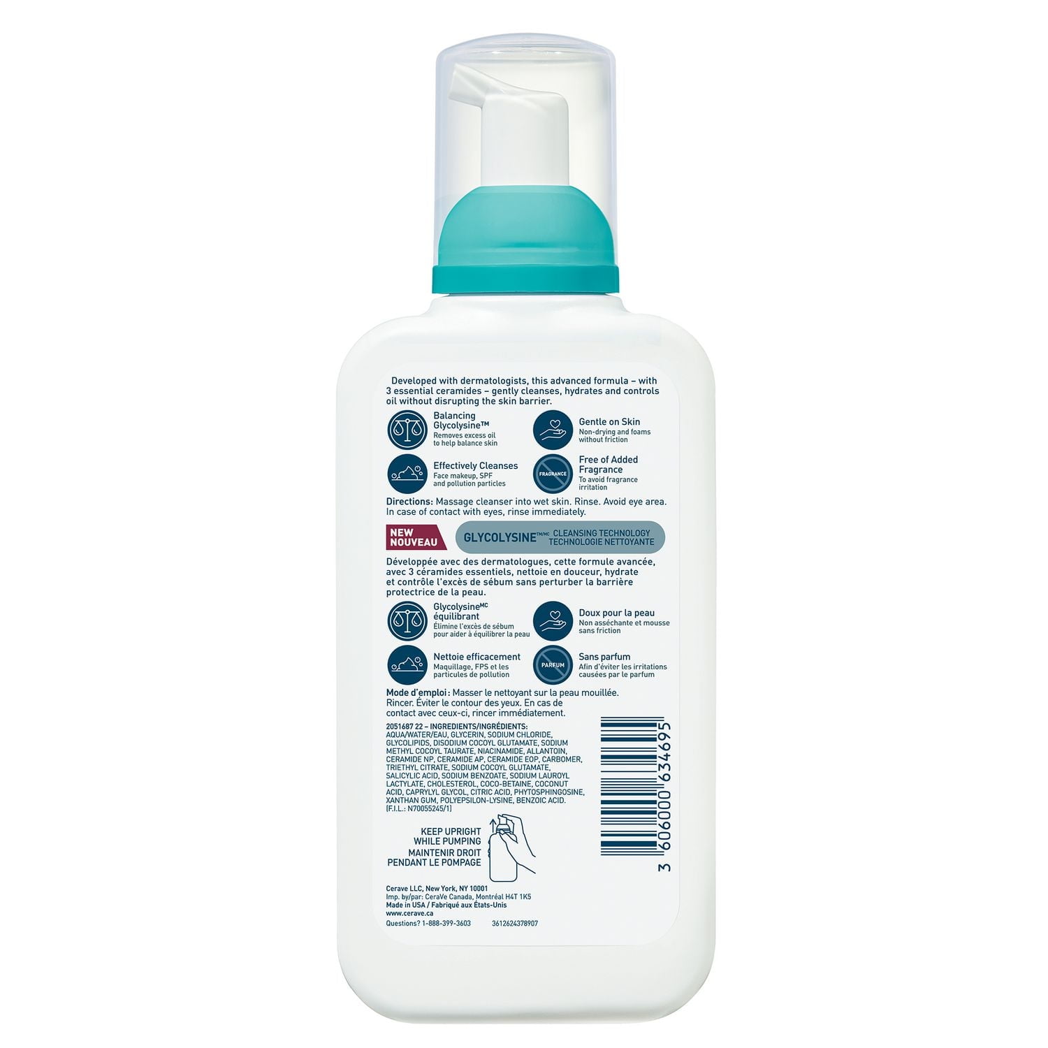 CeraVe Nettoyant Moussant Équilibrant, Gel Avancé avec Technologie Glycolysine pour Peau Normale à Mixte, 237 ml