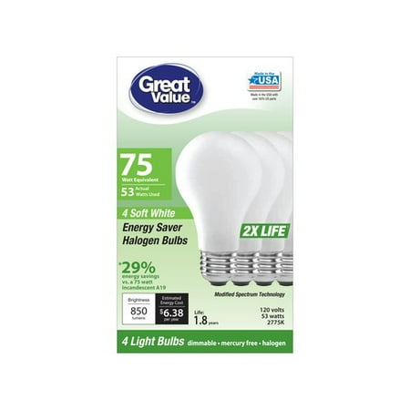75w Par38 Halogen Lamp - Great Value Energy Saver Halogen Bulbs, 53W (75W Equivalent), Soft White, Dimmable, 4 Count