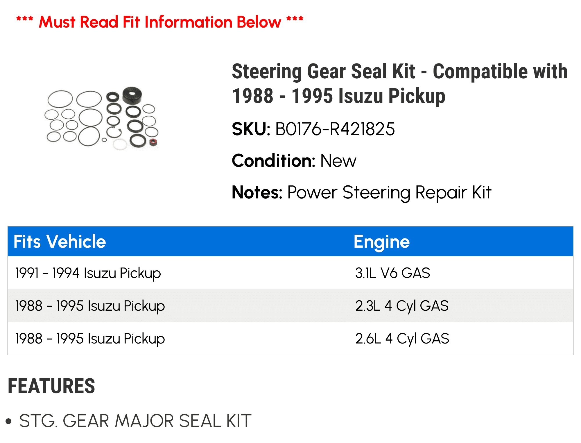 Steering Gear Seal Kit - Compatible with 1988 - 1995 Isuzu Pickup 1989 1990 1991 1992 1993 1994