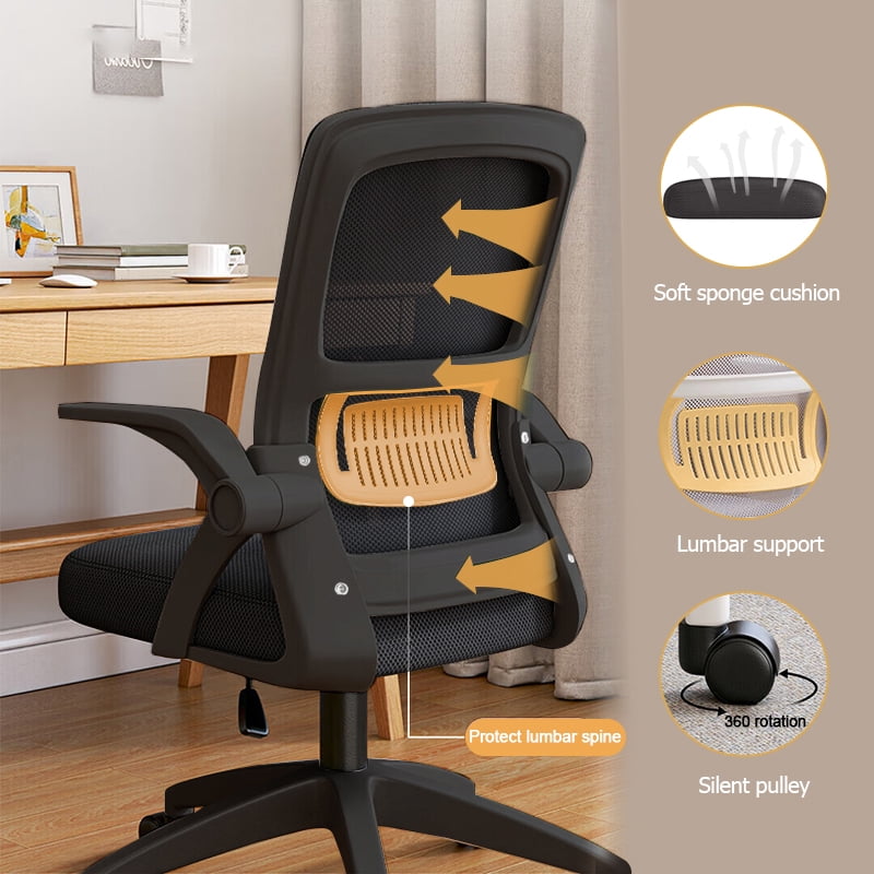 WXJHL Home Office Chair Ergonomic Desk Chair Breathable Mesh Chair High Back Desk Chair with Adjustable Height,Swivel Chair with Flip-Up Arms and Lumbar Support (Black)