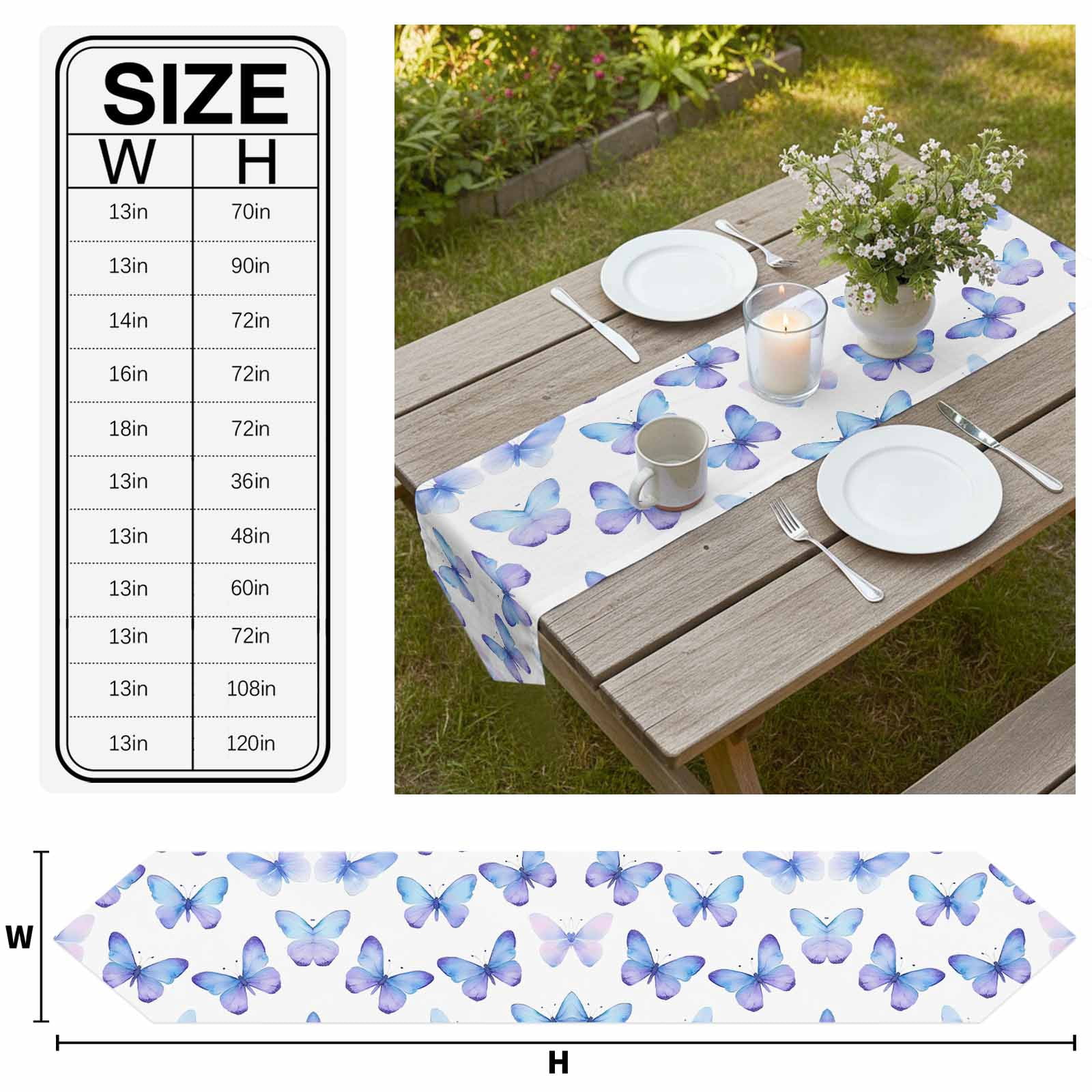 Blue Purple Butterfly Table Runner Linen Burlap Table Runner 90 Inches Long Watercolor Elegance Butterflies Dresser Scarves for Kitchen Island Coffee Dining Party Wedding Holiday Decor 13"x90"