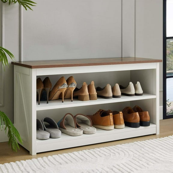 Farmhouse Shoe Bench with Storage - 3-Tier White Entryway Organizer, Removable Shelves for Hallway