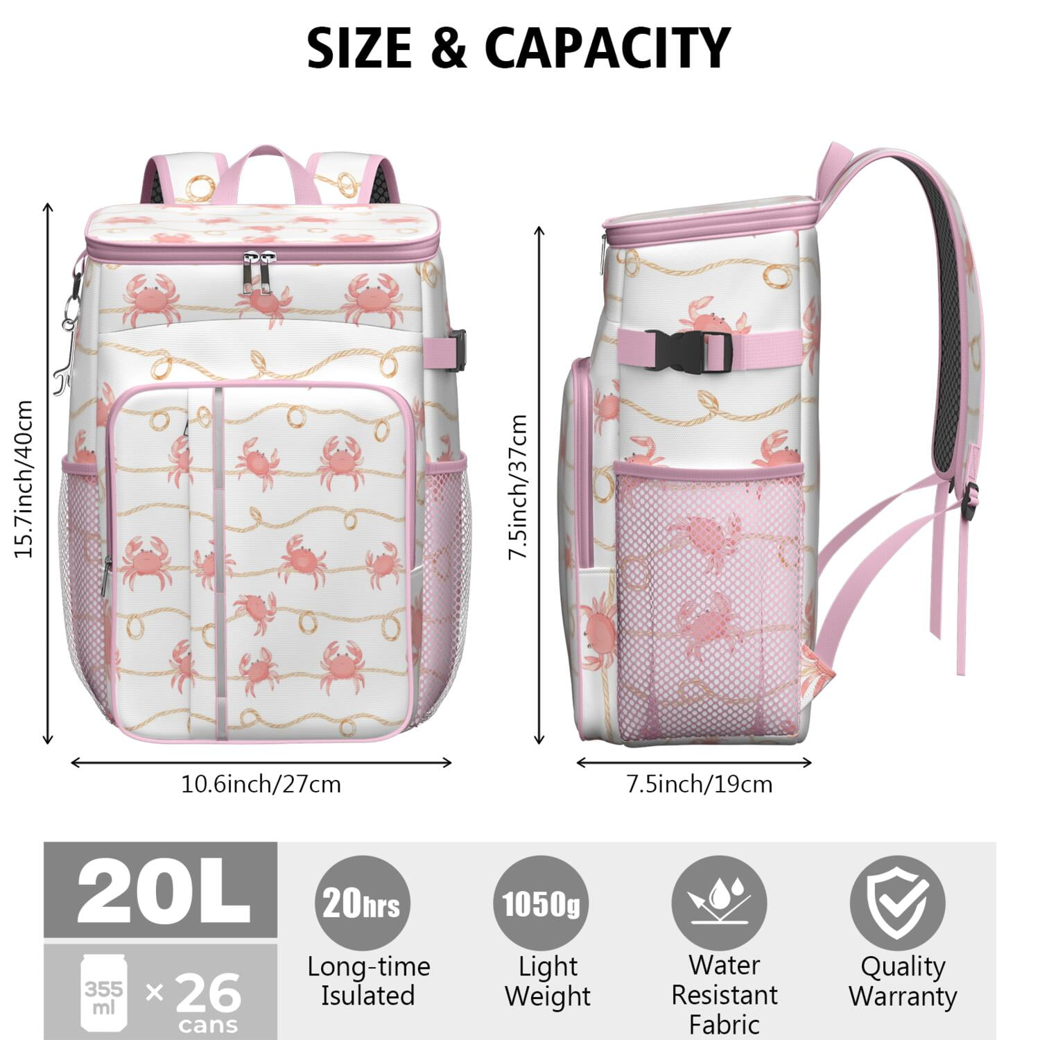 Marine Adorable Crab Cooler Backpack Insulated Waterproof Leak Proof Beach Cooler Bag Lightweight Lunch Picnic Camping Backpack Cooler for Office Workers Outdoor Enthusiasts