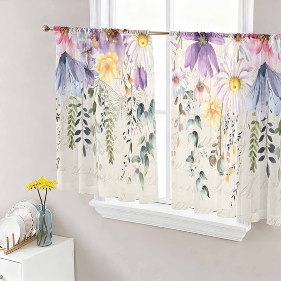 Sheer Curtains 45 Inch Length 2 Panels Set for Kitchen, Wild Flowers Semi Sheer Curtains for Windows, Vintage Country Floral Leaf Plant Beige Voile Window Treatments Rod Pocket Curtain