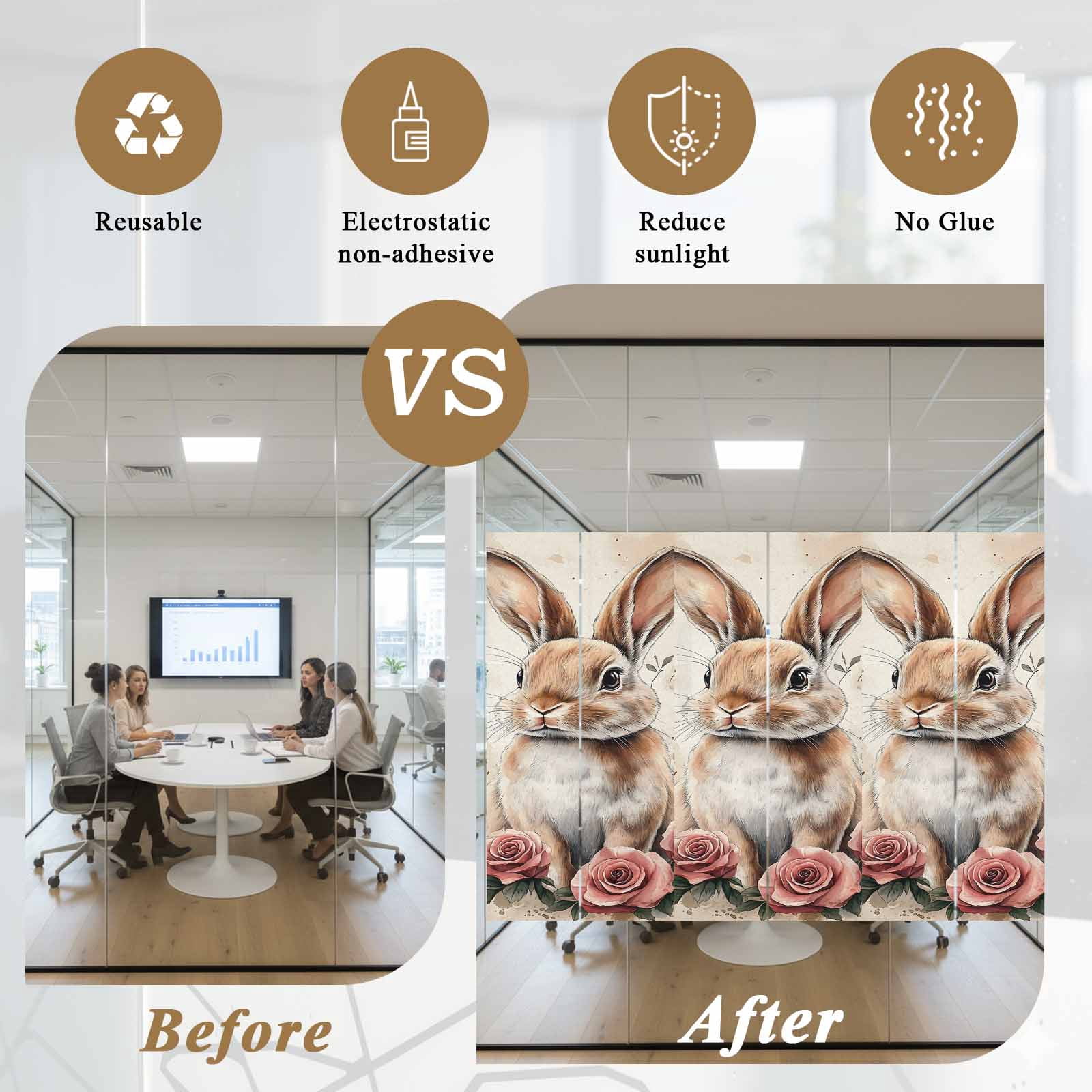 Egg Bunny Window Privacy Film, Retro Rose Frosted Glass Window Clings Static Cling UV Heat Blocking Reusable Door Sticker for Bathroom 23.6 x 59 Inch