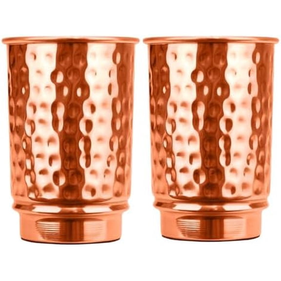 Pure Copper Hammered Drinking Cups - Ayurvedic Health Tumblers – 2 pcs. set -LACQUER Free (11.8 US Fl Oz) Traveller's Copper Cups for Ayurveda Health Benefits (Hammered)