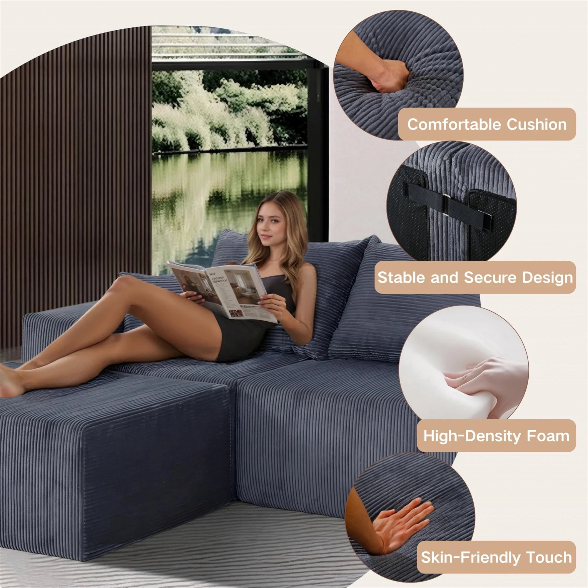 Aukfa 111" Cloud Sectional Sofa Deep Seat Boneless Couch with USB&Cupholdes Storage Console, Modular L-Shaped Couch for Living Room, Corduroy, Gray