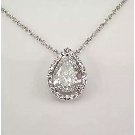 2 Ct Pear Cut Moissanite Halo Charm Teardrop Pendant Chain 14K White Gold Plated
