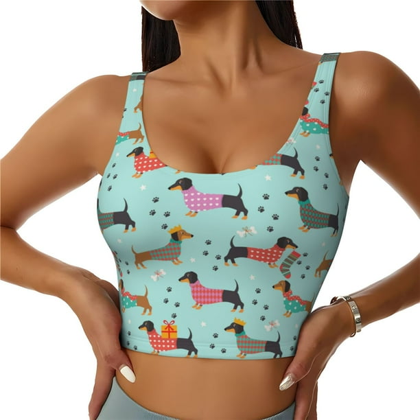 Balery Christmas Dachshund Sujetadores deportivos con espalda cruzada para mujer, acolchados, sin costuras, de alto impacto, ideales para yoga, gimnasio, entrenamiento y fitness.-Medium