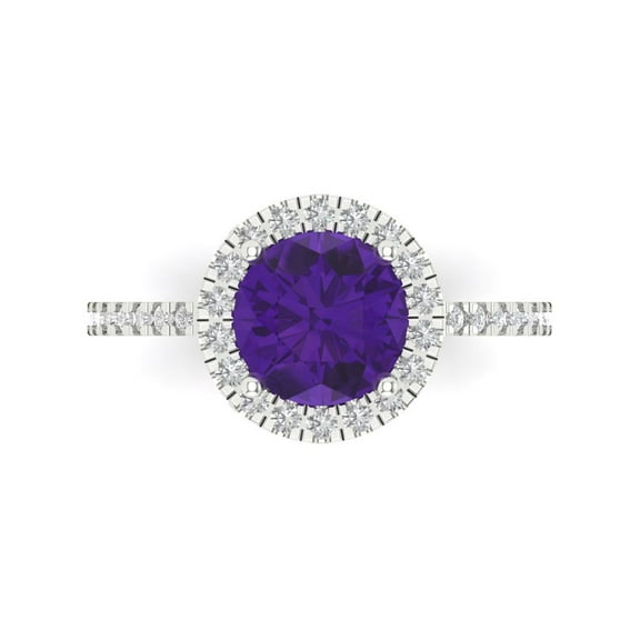 1.8 ct Round Cut Natural Amethyst with Simulated Diamond Halo Accents 18K White Gold Womens Engagement Ring