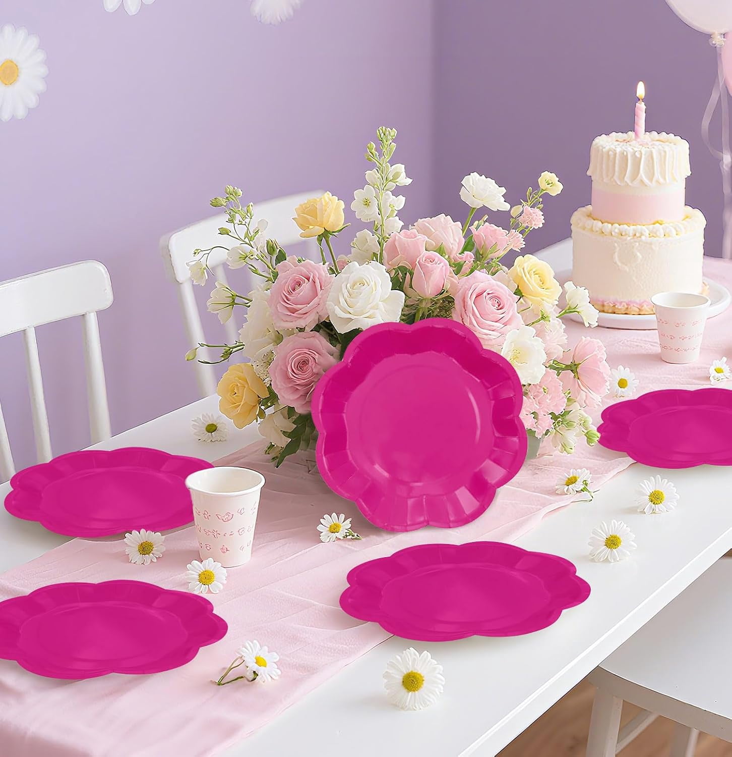 50 PCS Hot Pink Paper Plates 7 Inch Scalloped Dessert Plates Hot Pink Disposable Plate for Party Dinner Wedding Baby Shower Birthday Cake Plate
