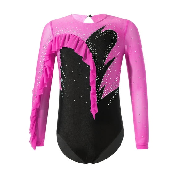 DPOIS Girls Long Sleeve Gymnastics Leotards Ruffle Edge Ballet Dance Bodysuit Rose 12