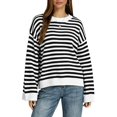 thumbnail image 2 of Womens Long Sleeve Sweater Striped Oversized Sweaters Casual Crewneck Knit Tops White XL, 2 of 7