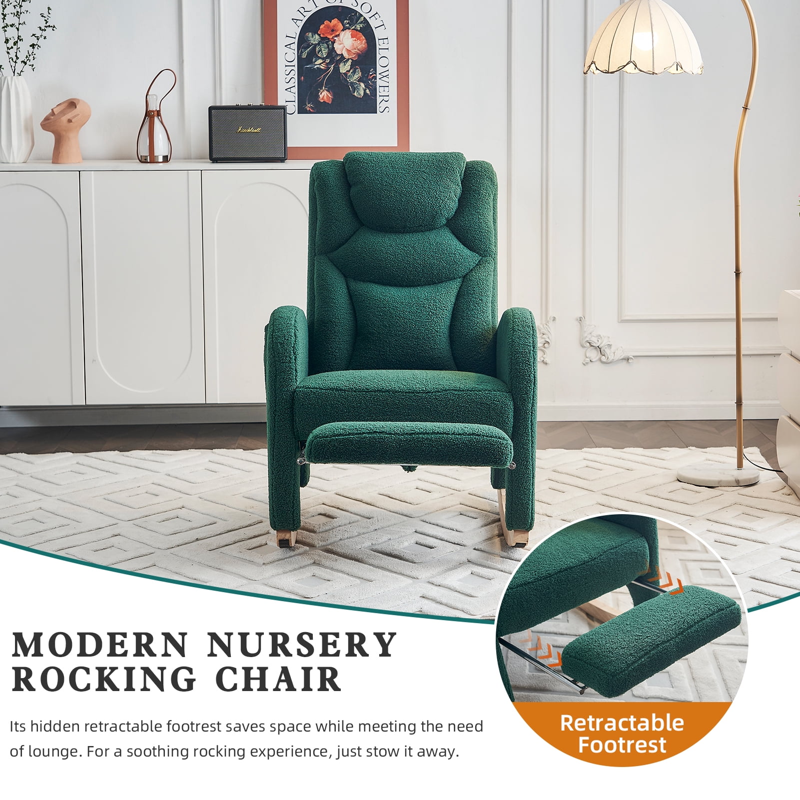 ALAKFORM Rocking Chair Nursery with Foot Rest,Upholstered Teddy Glider Rocker with Wood Legs, Nursing Rocking Chair for Living Room/Nursery,Green