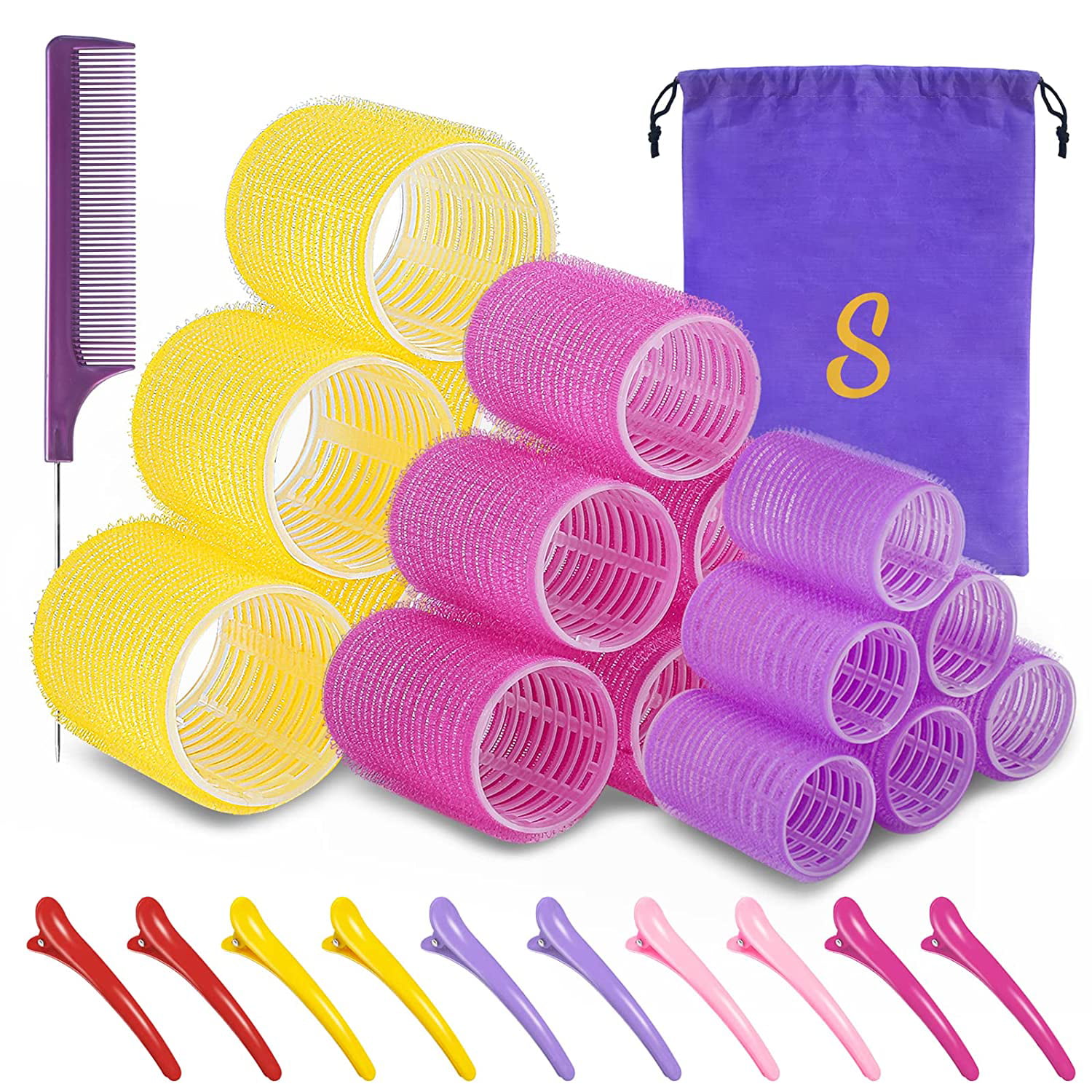 Self grip hair roller set Hair roller set 18 pcs Heatless hair curlers Hair  rollers for Long hair Medium and Short hair Hair rollers with hair roller  clips and comb Salon hairdressing
