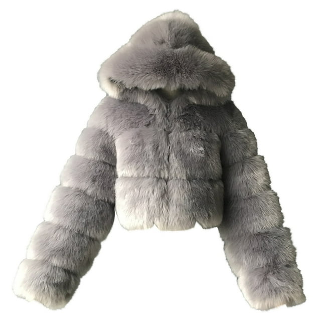 Veste à Manches Longues pour Femmes Veste Courte à Capuche en Fausse Fourrure Chaude à Manches Longues