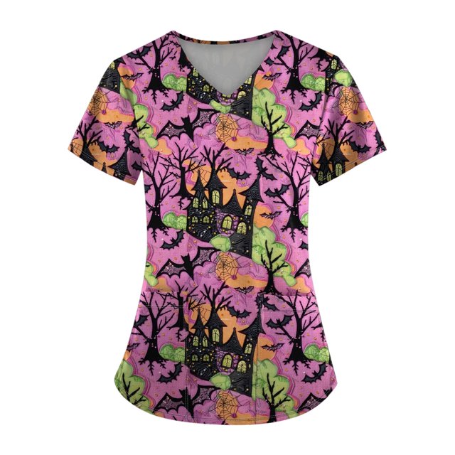 Uniforme médico de manga corta con cuello en V y estampado divertido, cómodo y con temática de Halloween para mujer
