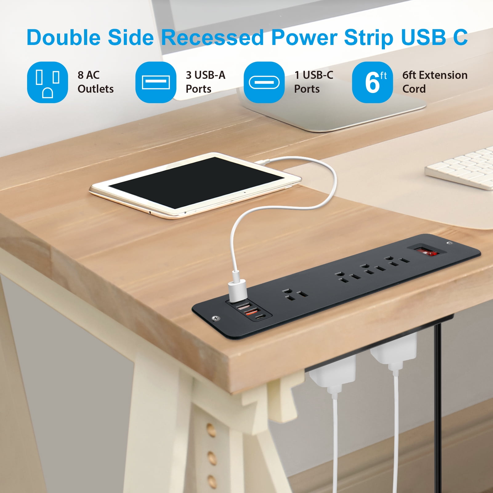 8 Outlets Double Side Recessed Power Strip with USB C PD 20W, Flush Mount Fast Charge Desktop Power Extender Built in Under Desk Multiple Power Outlets Flat Plug for Furniture Table Conference