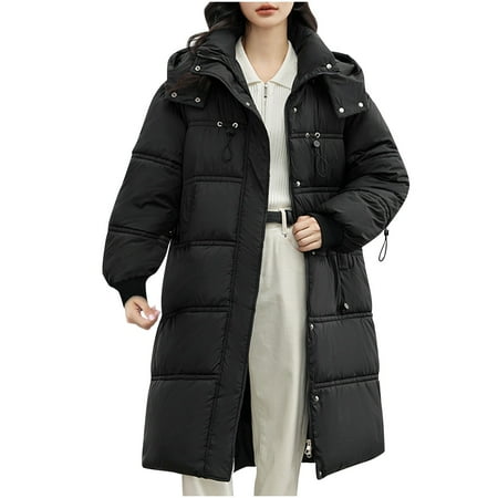 HAPIMO Women S Long Down Winter Coat Maxi Puffer Hooded Over Knee Cotton Outwear with Pocket Hoodie Padded Jackets Thicken Zipper Coat Black L